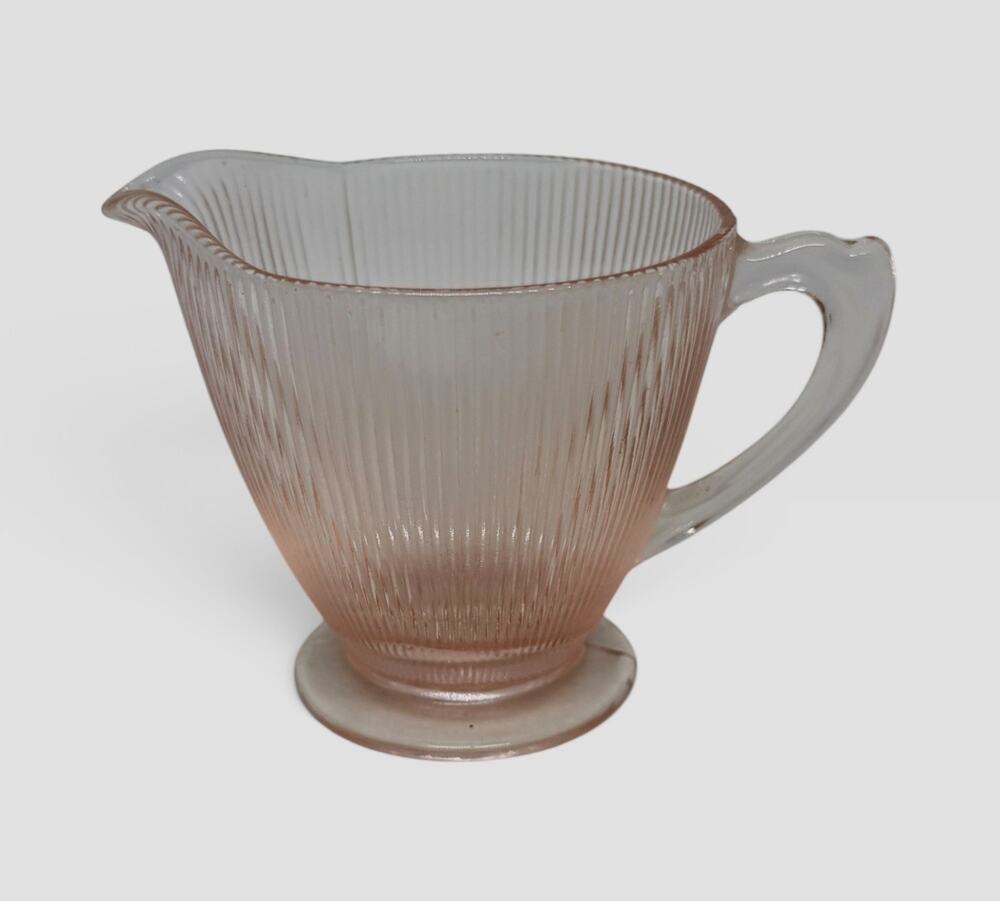Vintage Jeannette Glass Co. Homespun Fine Ribbed Pink Glass Creamer with Handle